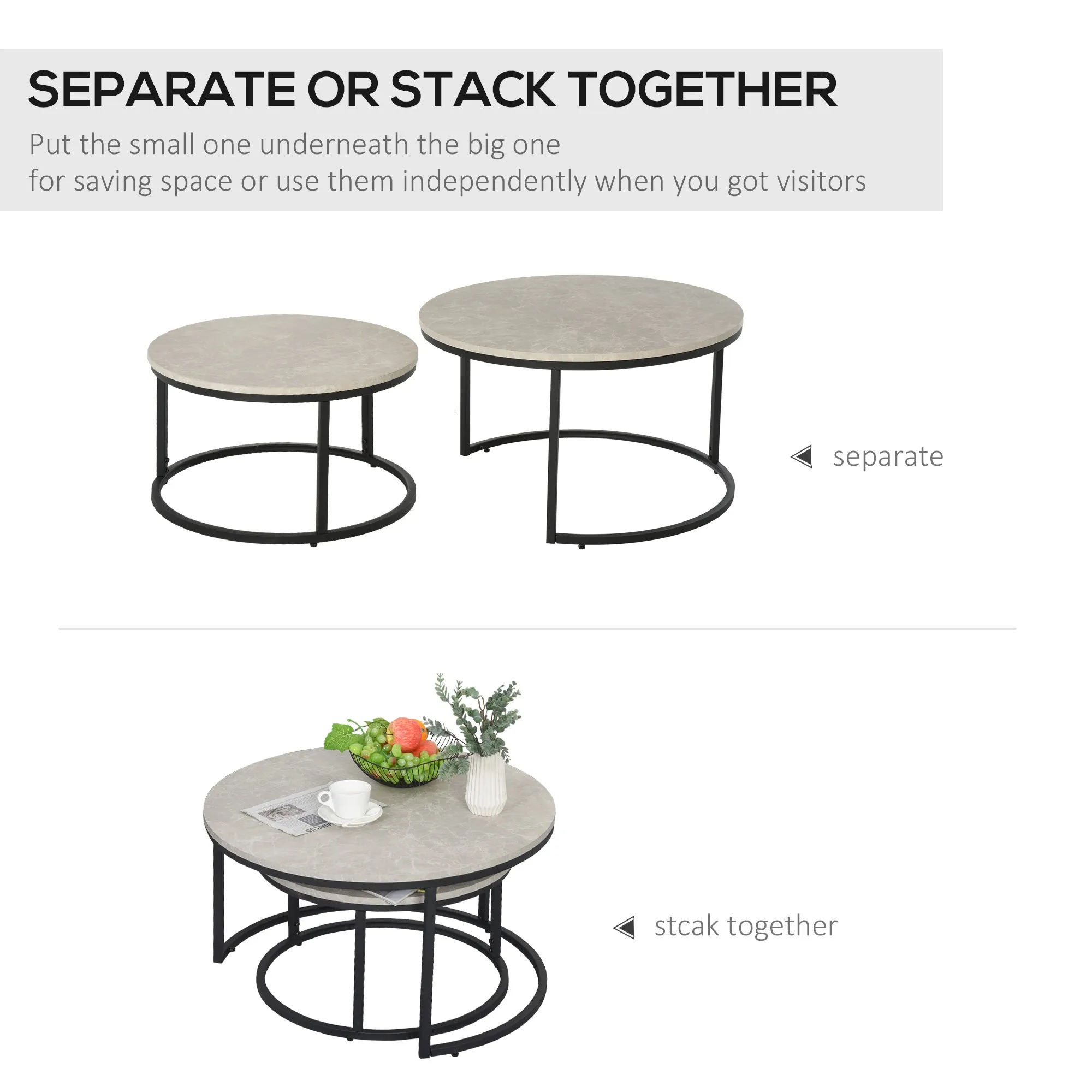 2 Pcs Stacking Coffee Table Set w/ Steel Frame Marble-Effect Top Foot Pads Nest of Tables Storage Display Black/Grey