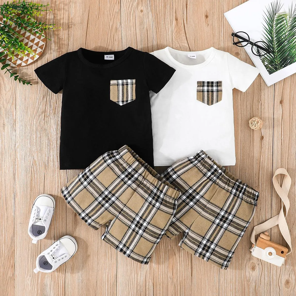 2pcs Baby Boy 95% Cotton Short-sleeve Tee and Plaid Shorts Set