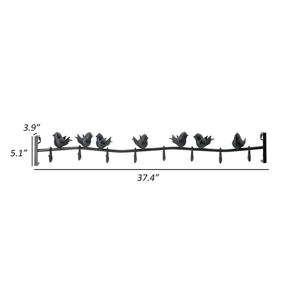 38 Inch Wall Hooks, Perched Birds, 8 Coat Hooks, Black Iron, Vintage Style By Casagear Home