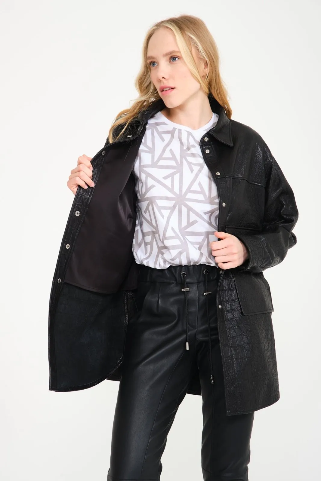 Black Crocodile Pattern Leather Coat