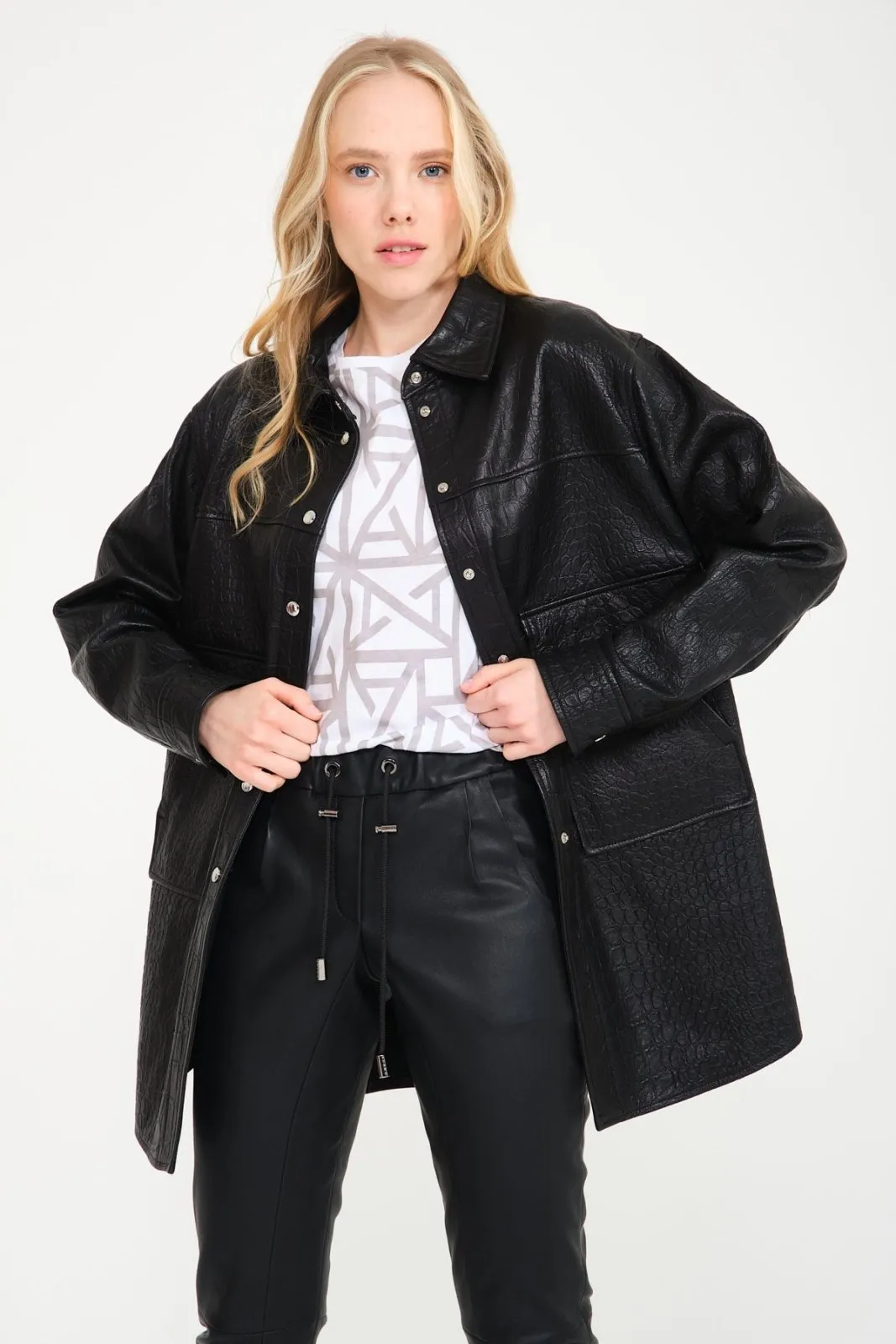 Black Crocodile Pattern Leather Coat