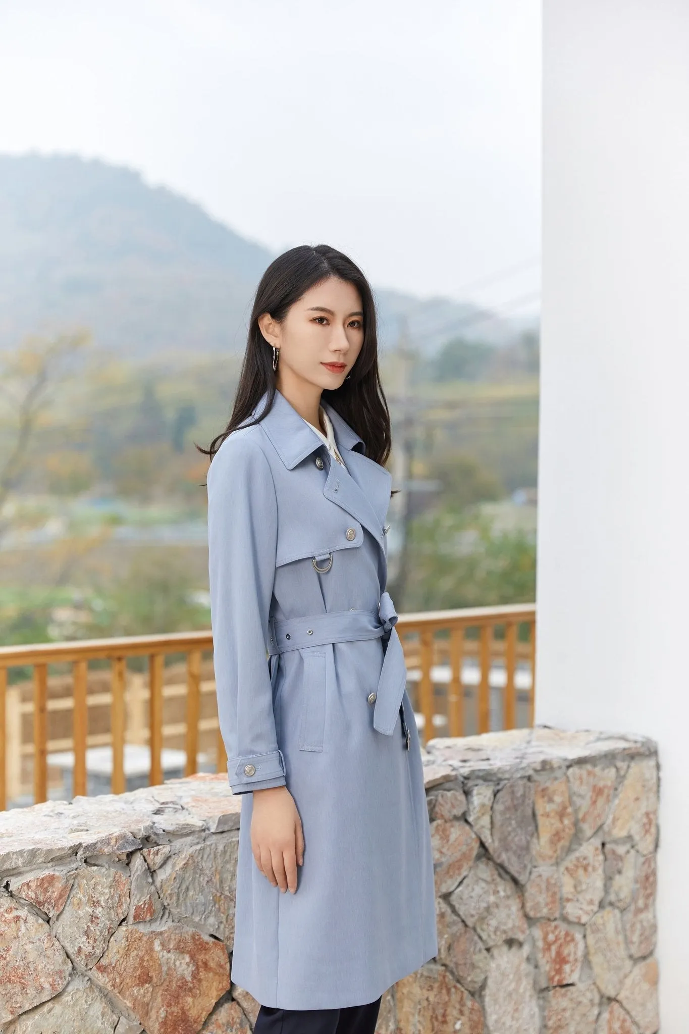 Blue Belted Double Breasted Trench Coat