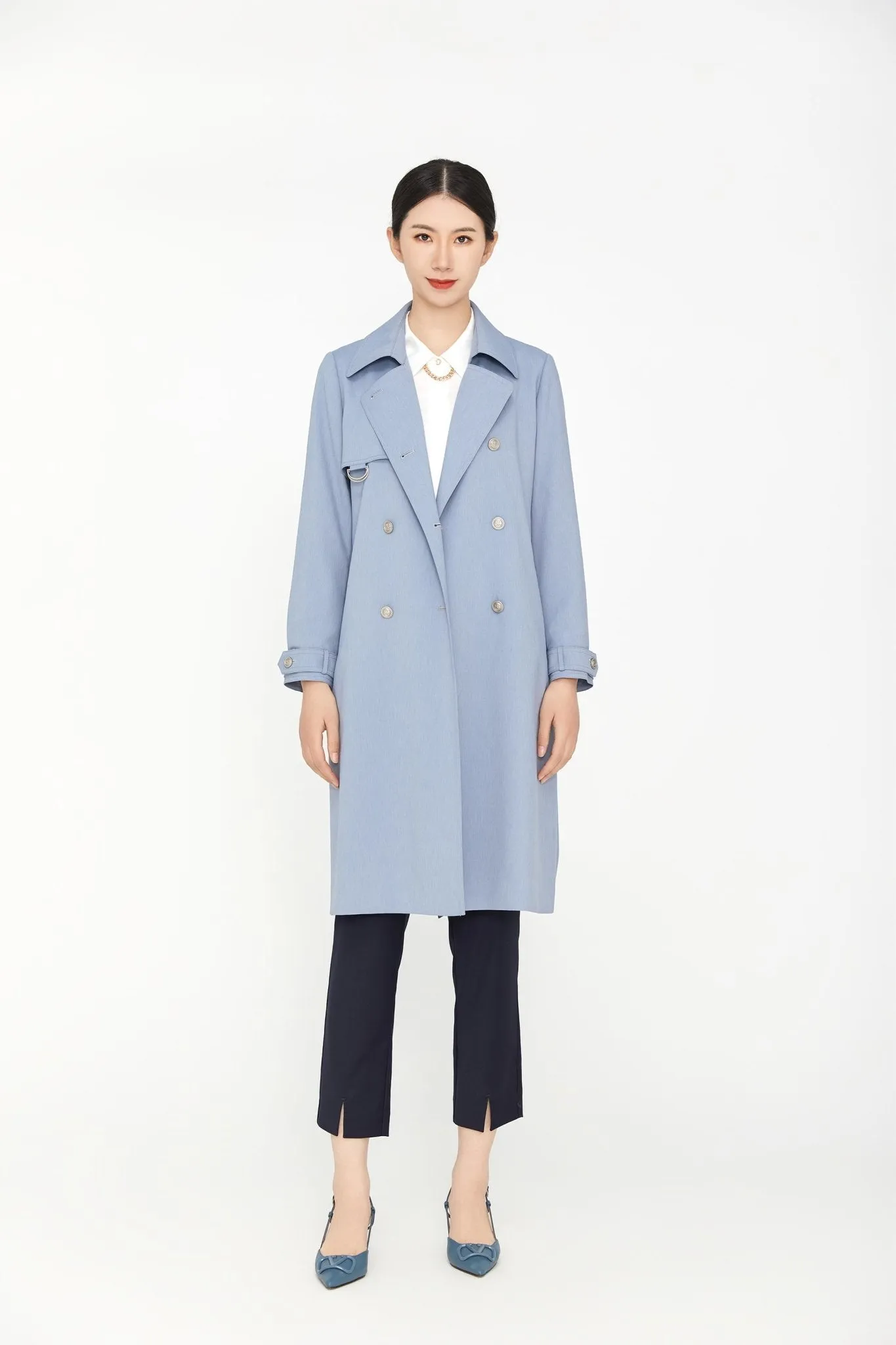 Blue Belted Double Breasted Trench Coat