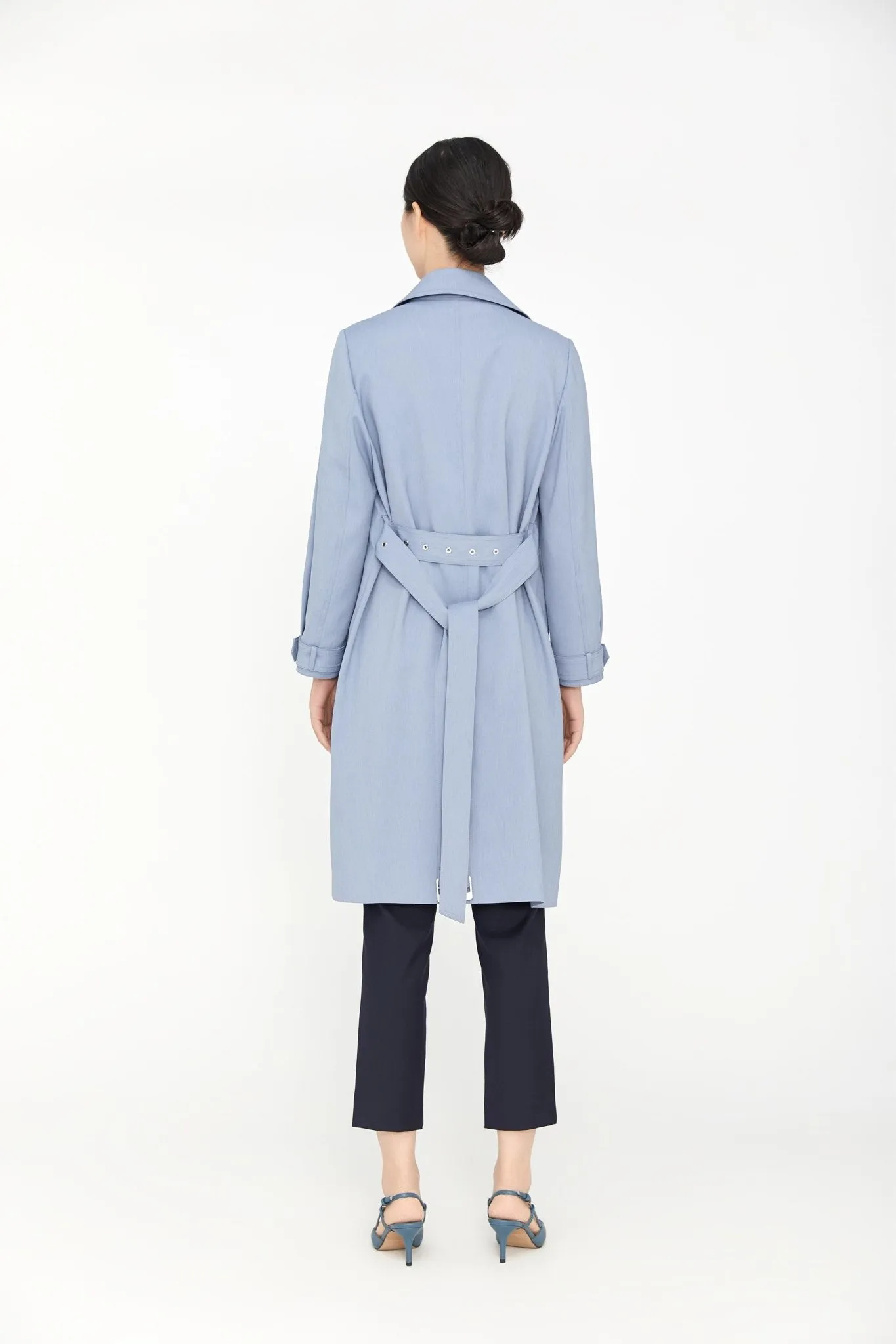 Blue Belted Double Breasted Trench Coat