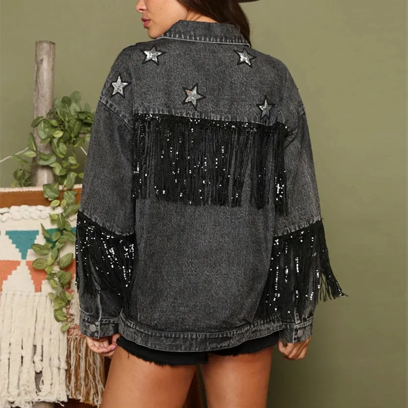 Casual Denim Streetwear Vintage Fringe Loose Korean Long Sleeve Women Coats