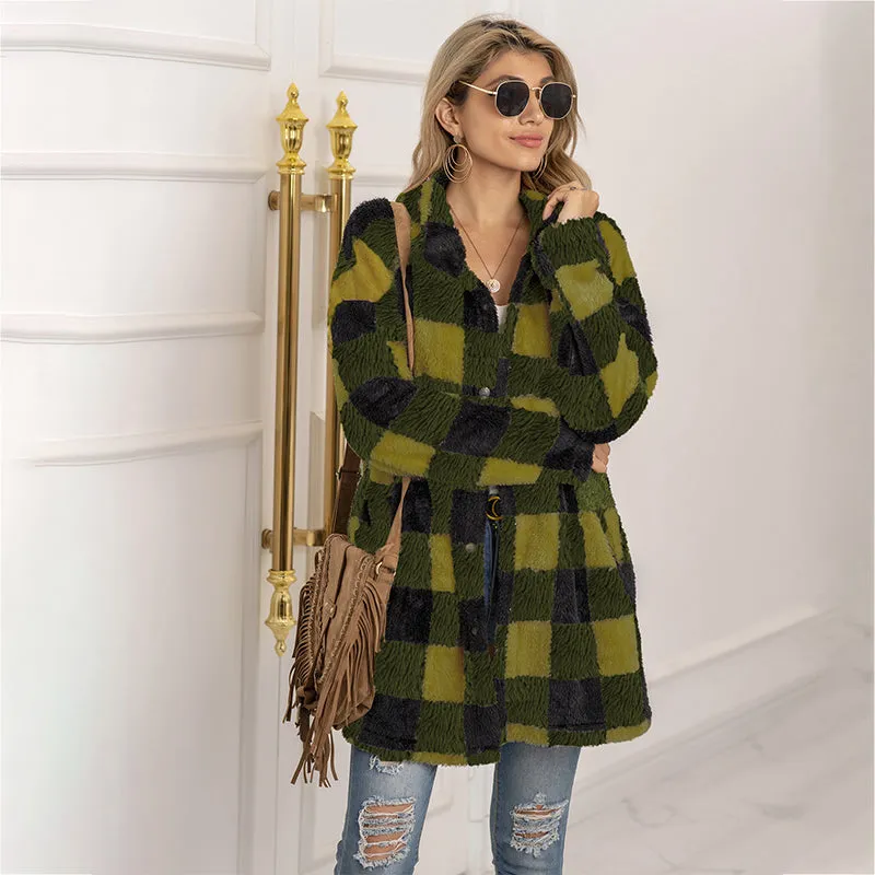 Casual Plaid Printed Women's Long Jacket Winter Plush Cardigan