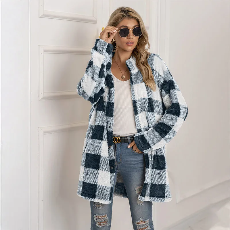 Casual Plaid Printed Women's Long Jacket Winter Plush Cardigan