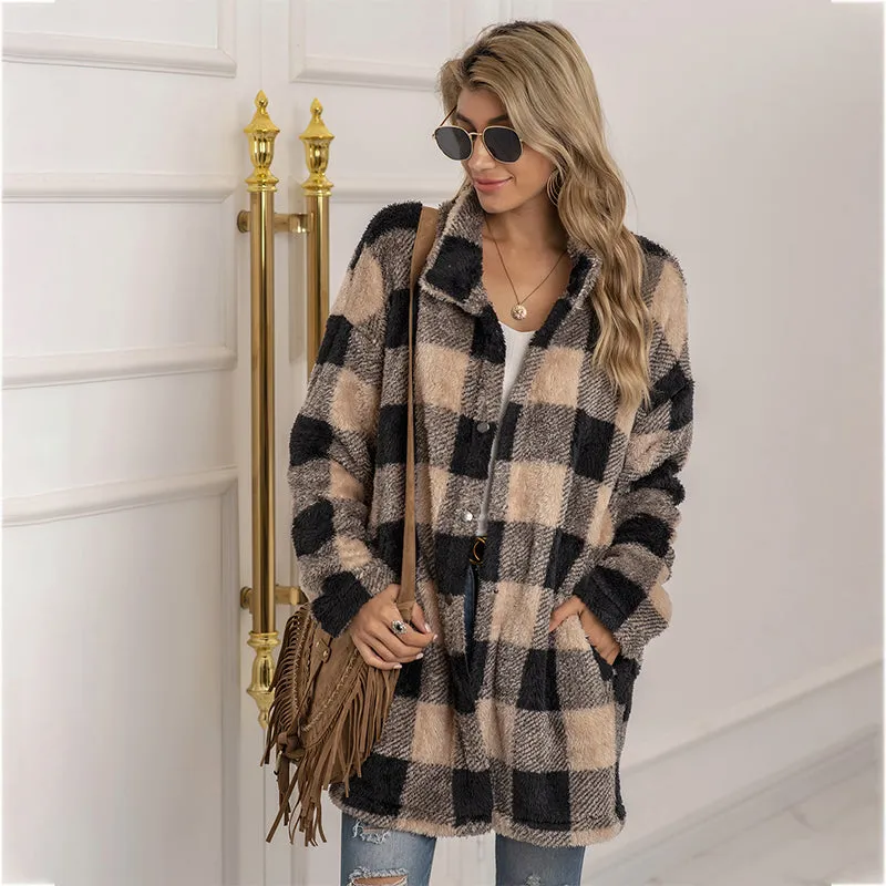 Casual Plaid Printed Women's Long Jacket Winter Plush Cardigan