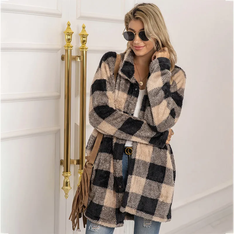 Casual Plaid Printed Women's Long Jacket Winter Plush Cardigan