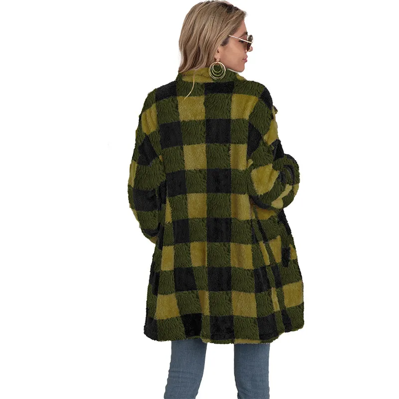 Casual Plaid Printed Women's Long Jacket Winter Plush Cardigan