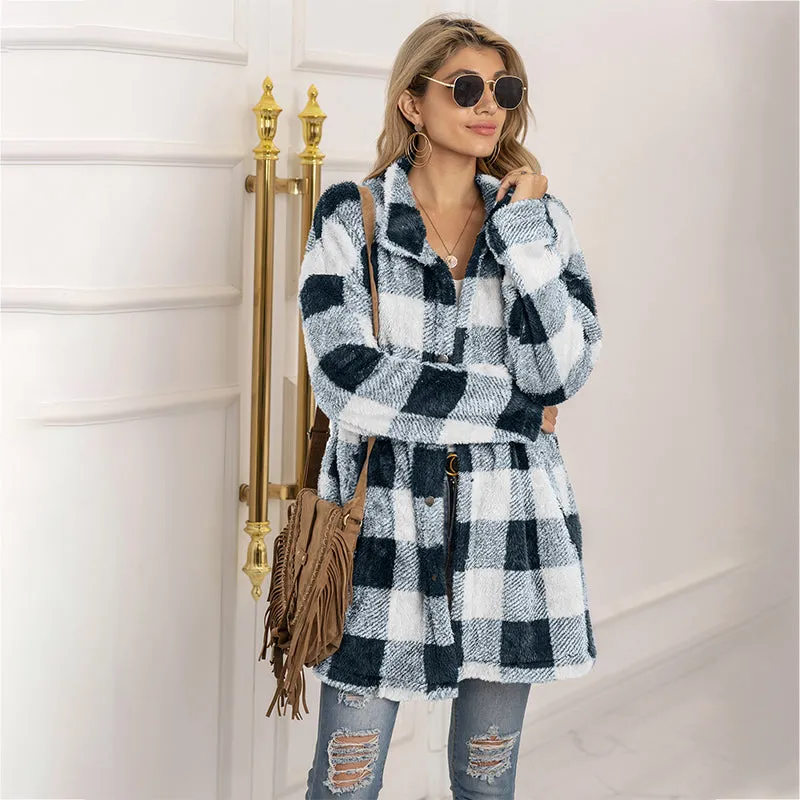 Casual Plaid Printed Women's Long Jacket Winter Plush Cardigan