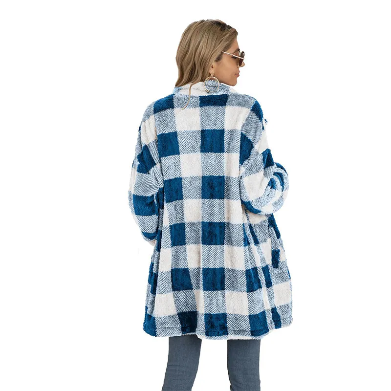 Casual Plaid Printed Women's Long Jacket Winter Plush Cardigan