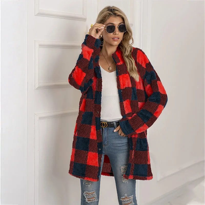 Casual Plaid Printed Women's Long Jacket Winter Plush Cardigan