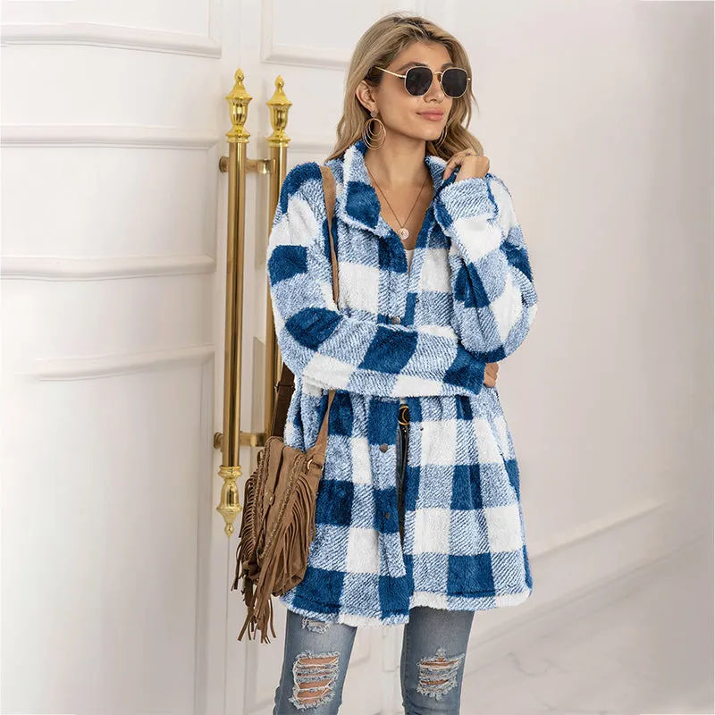 Casual Plaid Printed Women's Long Jacket Winter Plush Cardigan