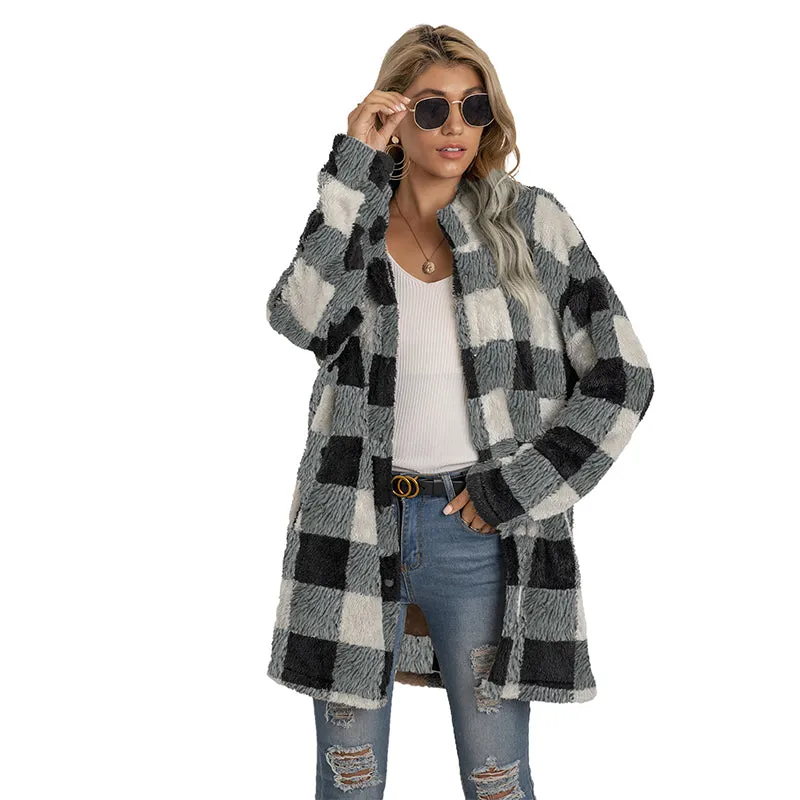 Casual Plaid Printed Women's Long Jacket Winter Plush Cardigan