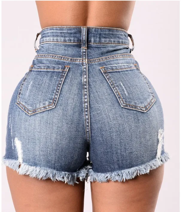 casual Solid Color high waist ripped denim Shorts