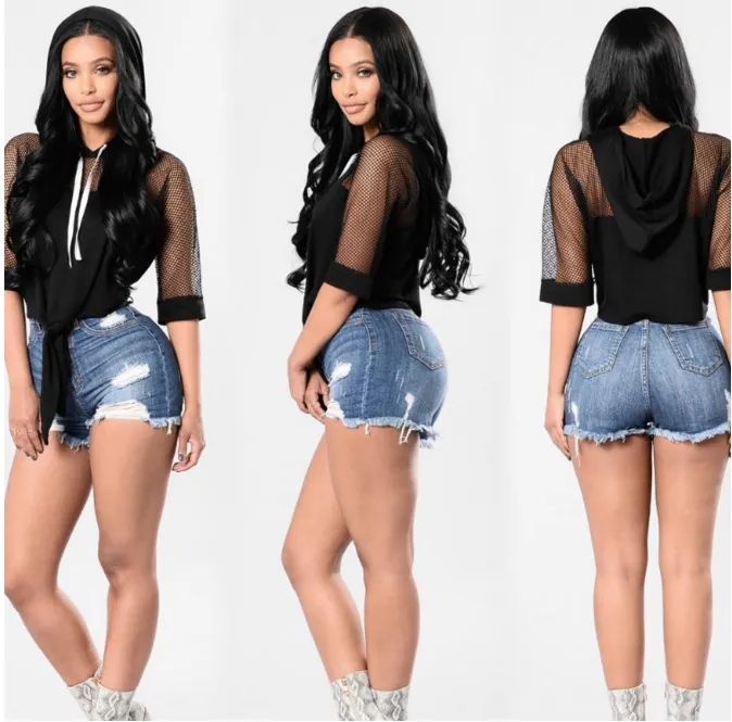 casual Solid Color high waist ripped denim Shorts