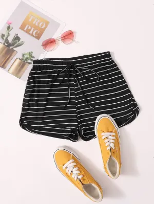 Casual Striped Tie Front High Waist Women Shorts