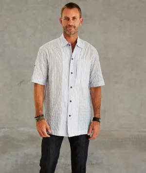 Convertible Short-Sleeve Cotton Wide Stripe Shirt