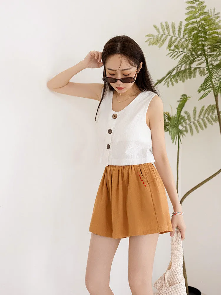 Cotton Embroidered Elastic Waist Shorts