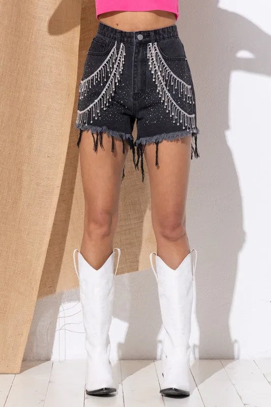 Gem Rhinestone Fringe Denim Shorts