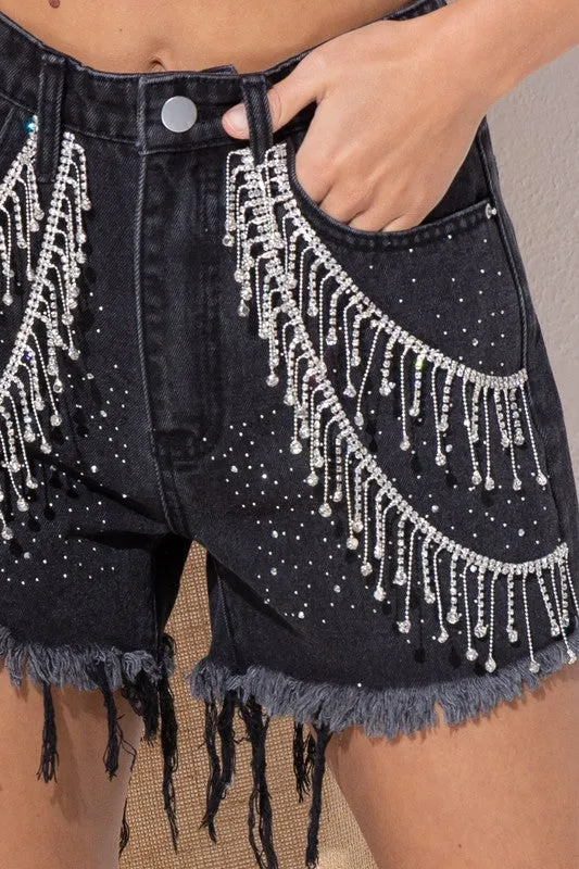 Gem Rhinestone Fringe Denim Shorts