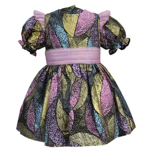 GIRLS MULTICOLOR ANKARA DRESS WITH PINK FEATHER