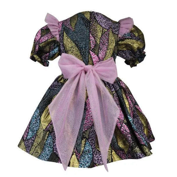 GIRLS MULTICOLOR ANKARA DRESS WITH PINK FEATHER