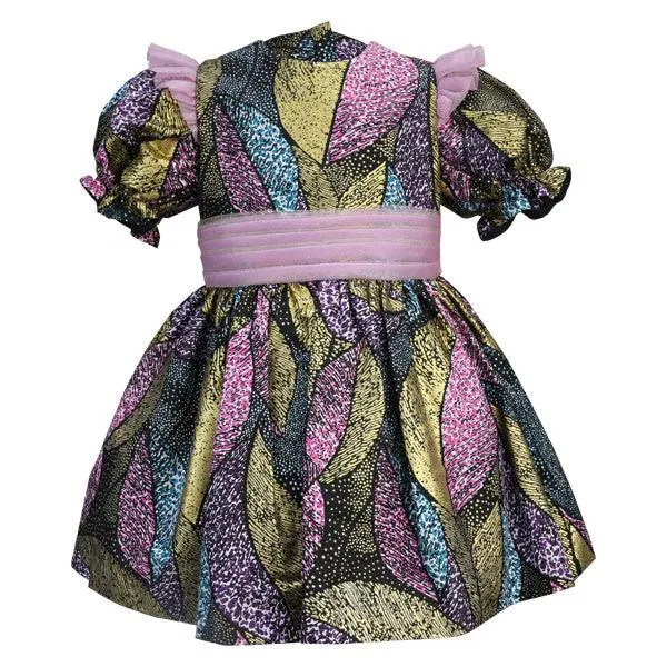 GIRLS MULTICOLOR ANKARA DRESS WITH PINK FEATHER