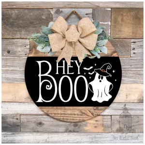 Halloween Front Door Sign | Hey Boo Front Door Sign | Hey Boo Sign | Wreath Sign | Ghost Sign | Halloween Ghost Sign | Round Halloween Sign