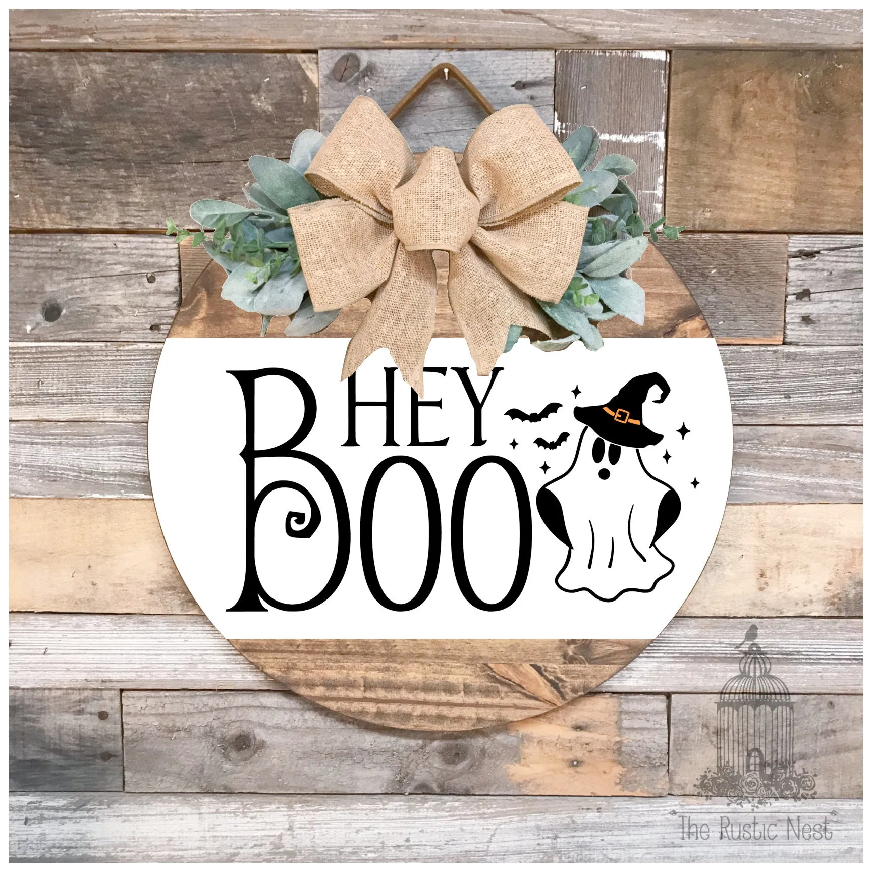 Halloween Front Door Sign | Hey Boo Front Door Sign | Hey Boo Sign | Wreath Sign | Ghost Sign | Halloween Ghost Sign | Round Halloween Sign