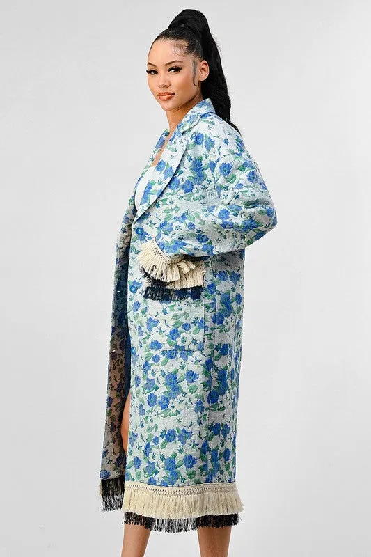 Hot Girl Athina Garden Floral Tasseled Trench Coat In Blue