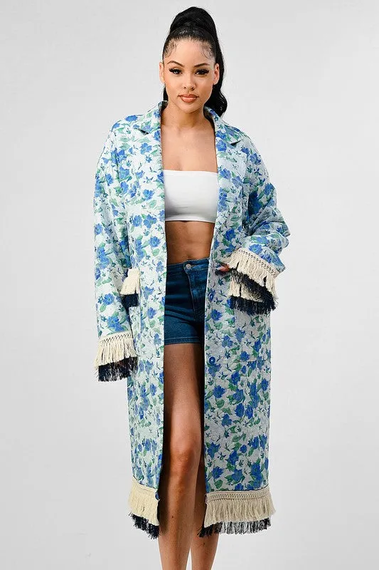 Hot Girl Athina Garden Floral Tasseled Trench Coat In Blue