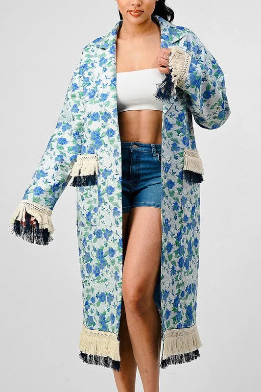 Hot Girl Athina Garden Floral Tasseled Trench Coat In Blue