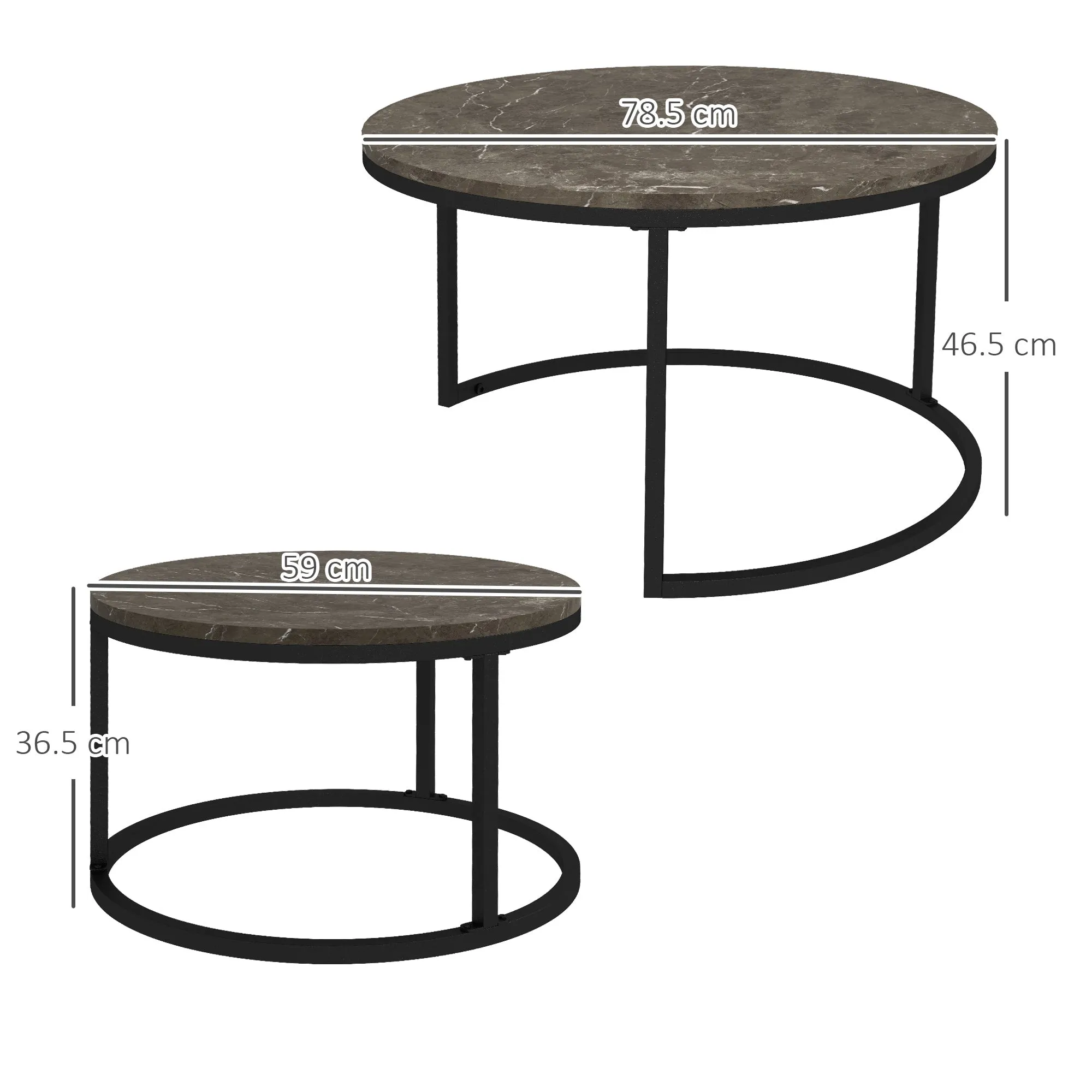 Industrial Nesting Coffee Table Set of 2, Round Coffee Tables, Living Room Table with Faux Marbled Top and Steel Frame