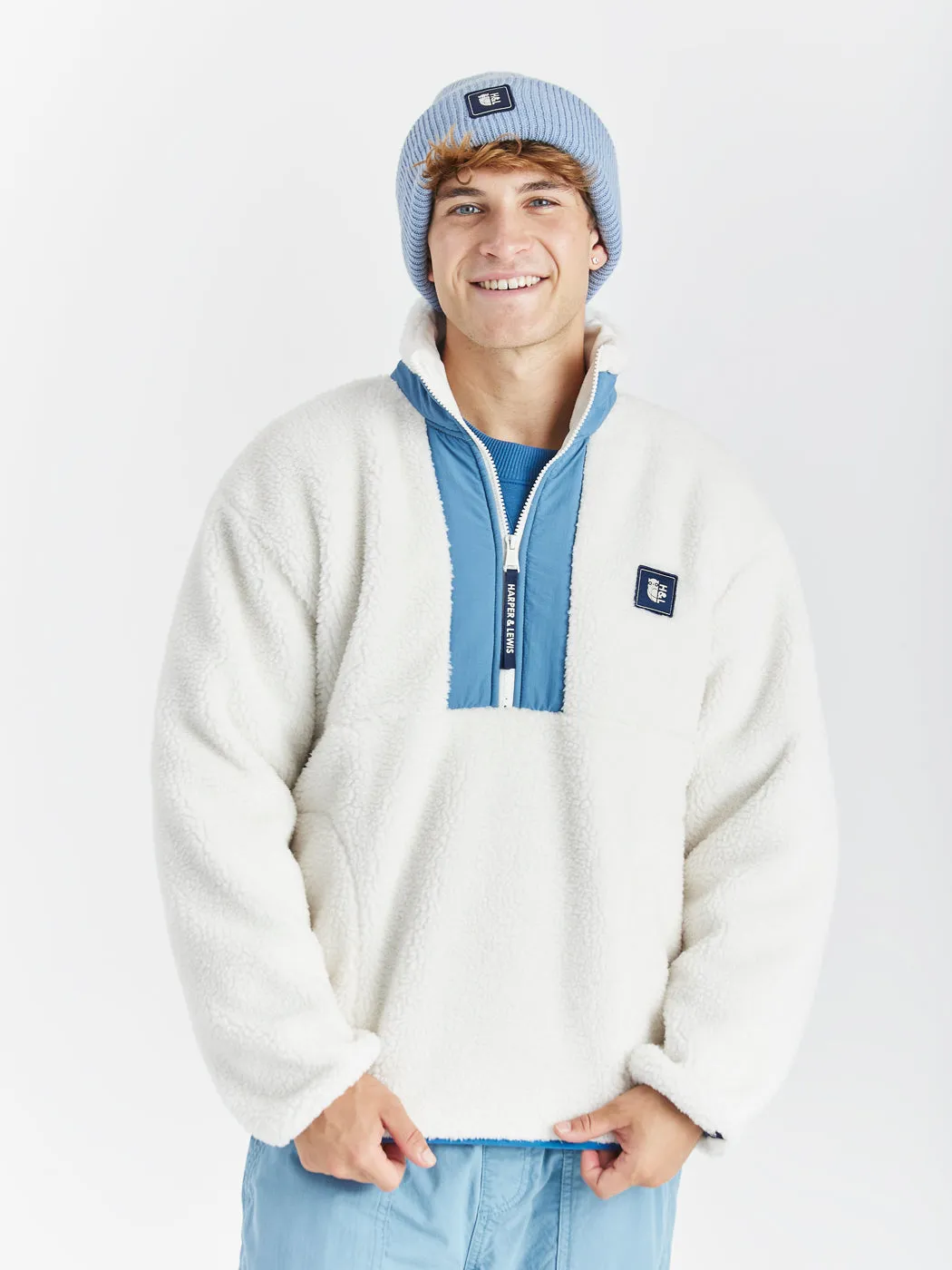 Iris 1/4 Zip Sherpa Fleece Cream & Steel Blue