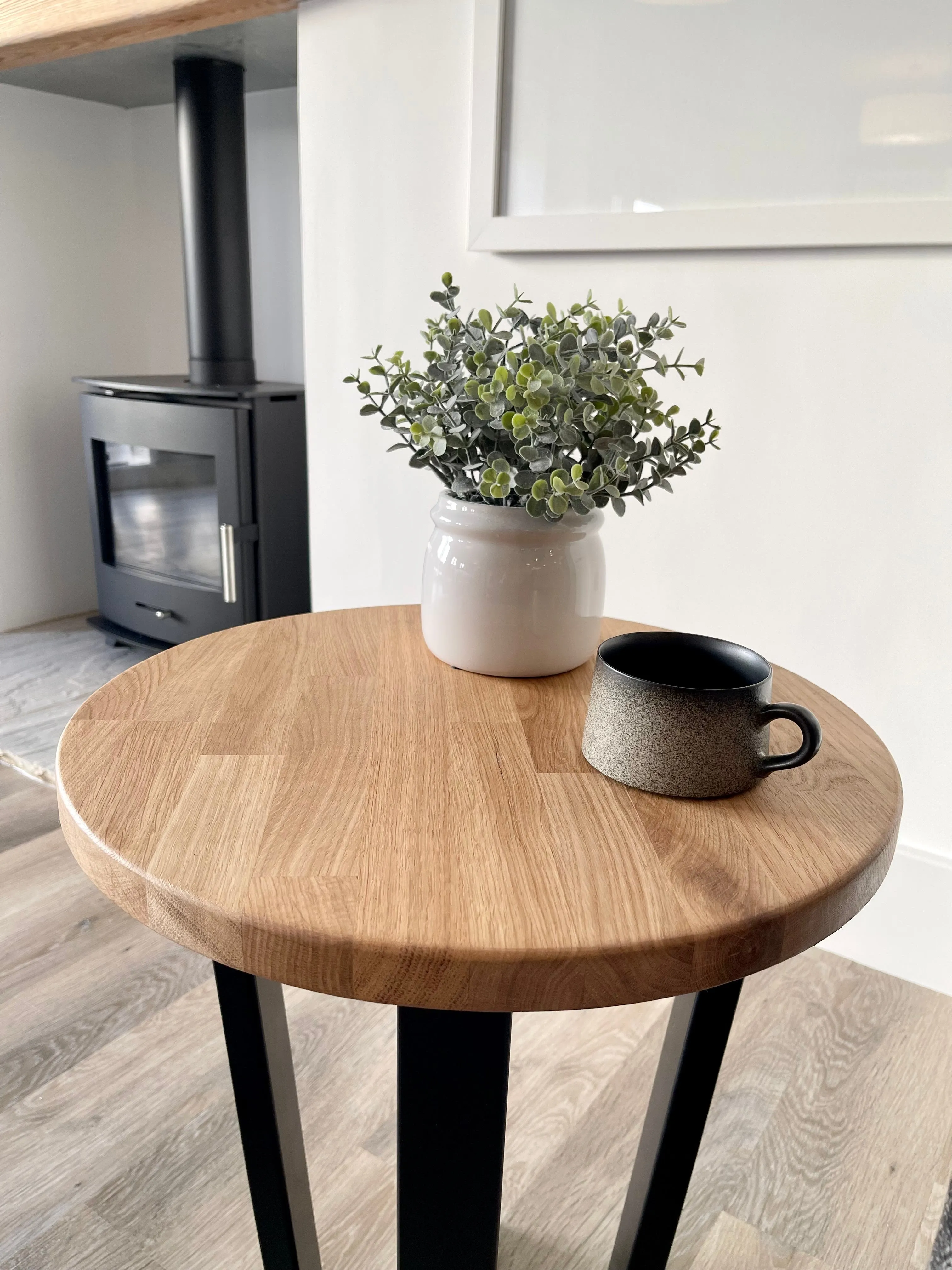 Landon Round Oak Metal Side Table