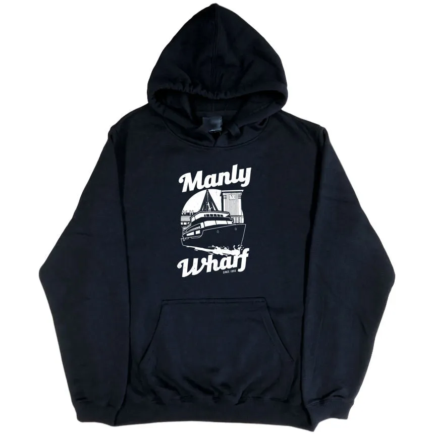 Manly Wharf Ferries Hoodie (Black, White Print)