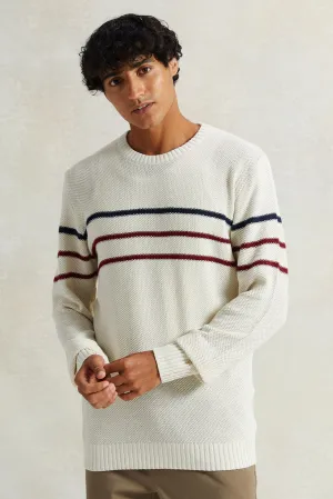 Men White Striped Pullover