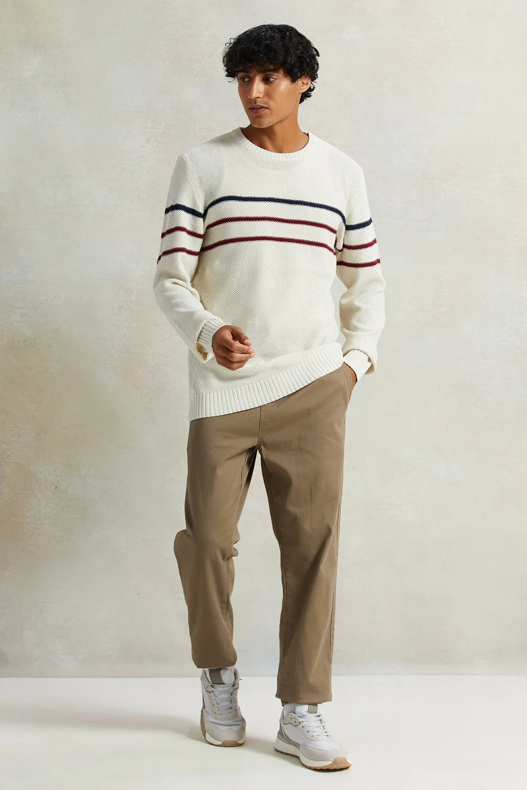 Men White Striped Pullover