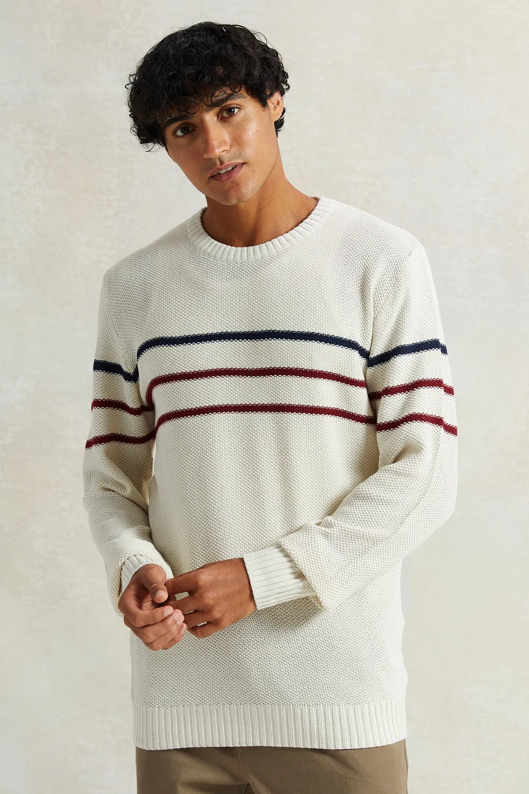 Men White Striped Pullover