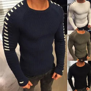 Men's Casual striped and spliced Pullover Sweaters-Thick Slim fit Knitted Round Neck