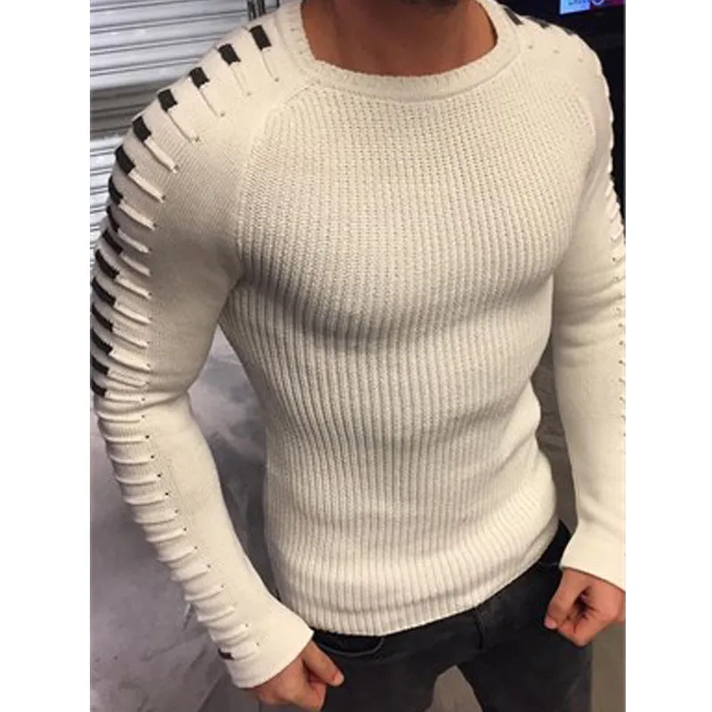 Men's Casual striped and spliced Pullover Sweaters-Thick Slim fit Knitted Round Neck