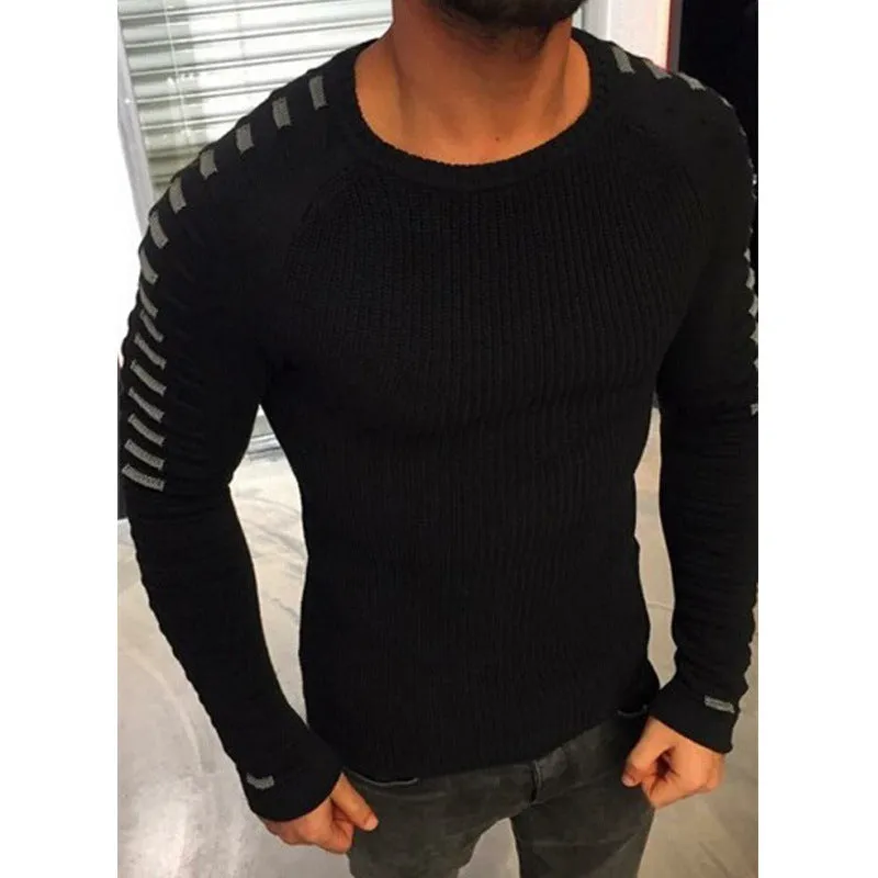 Men's Casual striped and spliced Pullover Sweaters-Thick Slim fit Knitted Round Neck