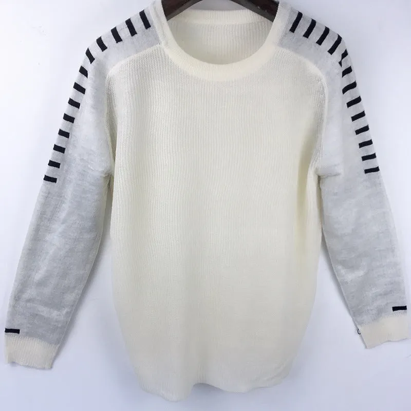 Men's Casual striped and spliced Pullover Sweaters-Thick Slim fit Knitted Round Neck