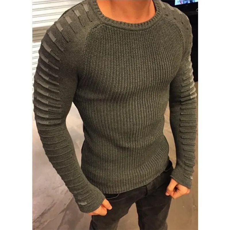 Men's Casual striped and spliced Pullover Sweaters-Thick Slim fit Knitted Round Neck