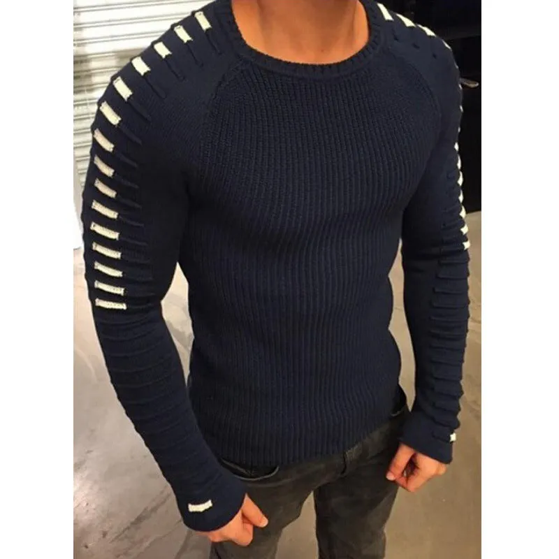 Men's Casual striped and spliced Pullover Sweaters-Thick Slim fit Knitted Round Neck