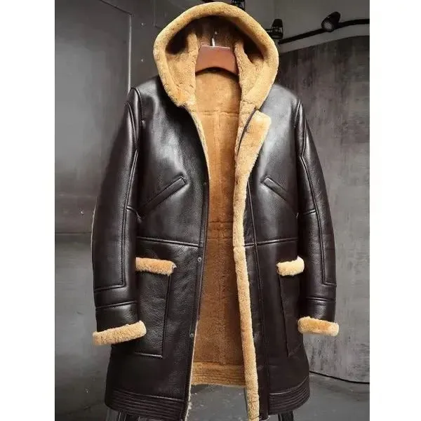 Men's RAF Hooded Long Sheepskin Shearling Winter Coat