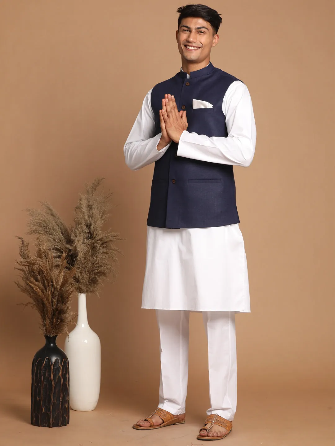 Navy Blue Cotton Blend Nehru Jacket