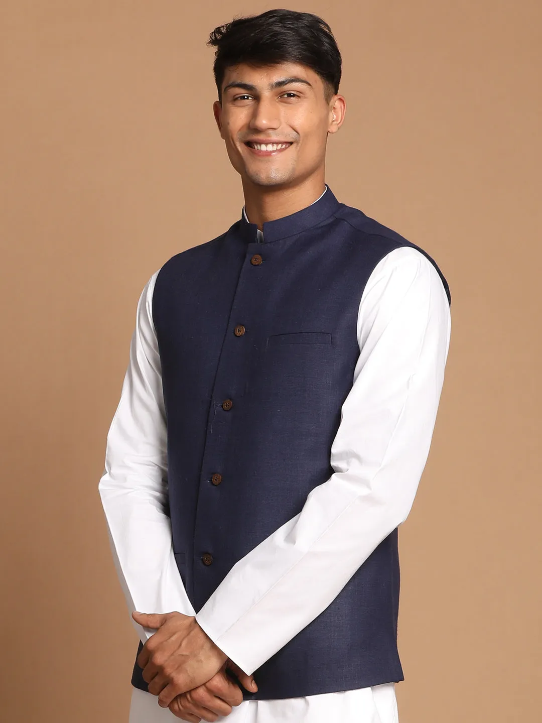 Navy Blue Cotton Blend Nehru Jacket